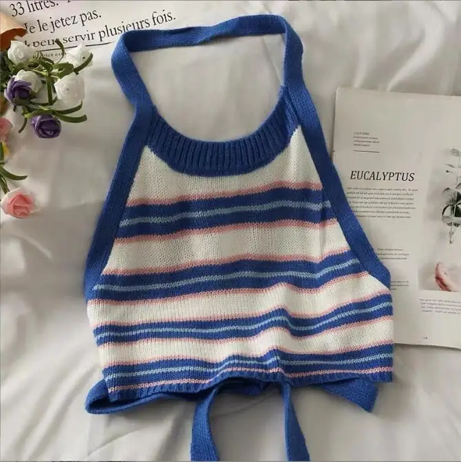 2022 hot sale kids girls knitted backless t-shirt summer autumn 100% cotton fashion girls striped vest top 3-8t baby clothes