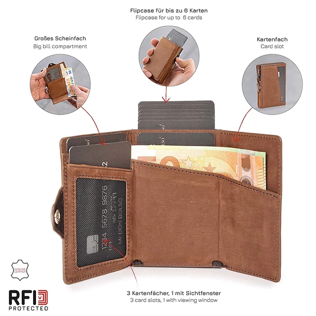 Iššokantis kreditinės kortelės odinis dėklas su RFID apsauga ir centų skyreliu - Image 2