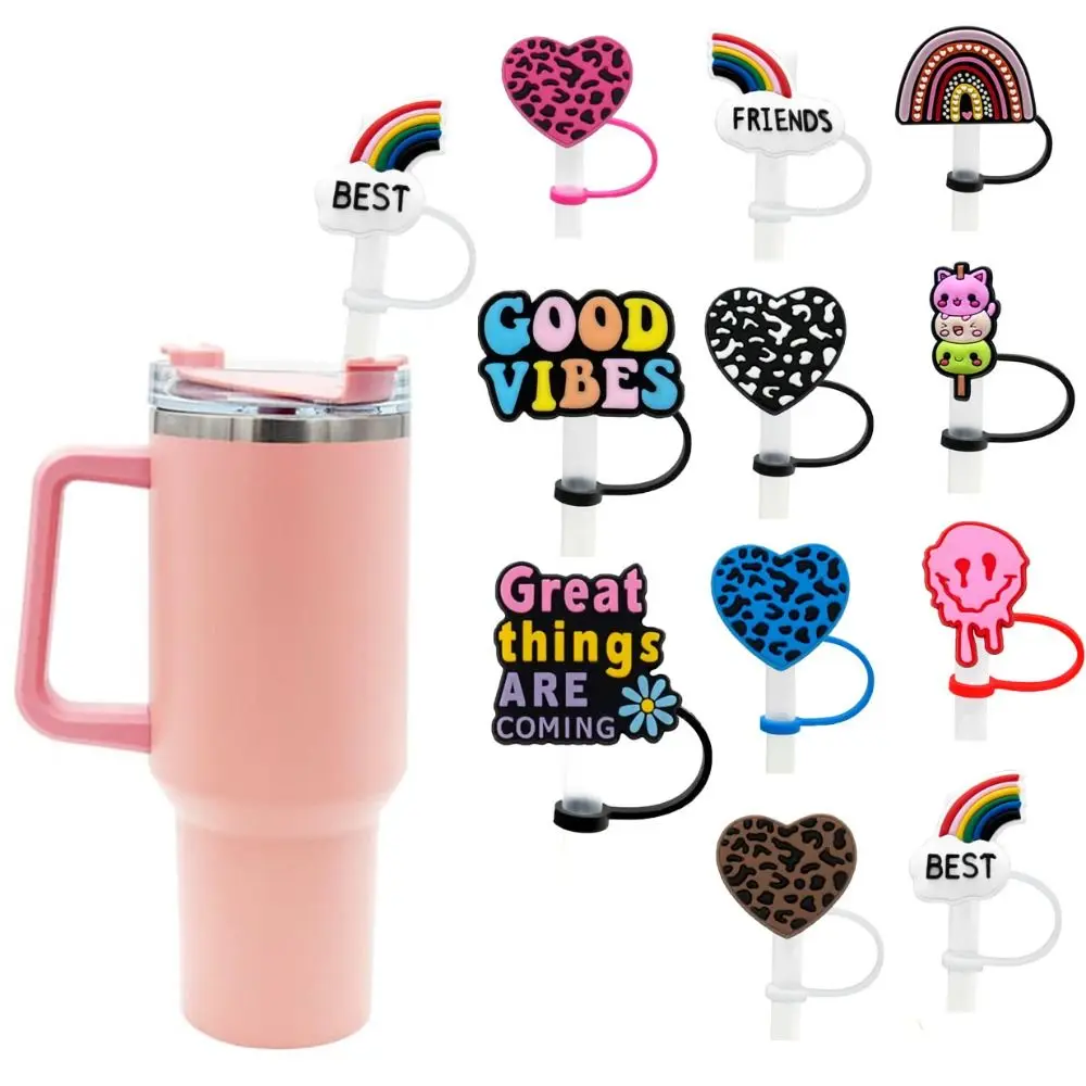 

2pcs Silicone Leopard Print Heart Straws Tips Reusable Dustproof Straw Cover Splash Proof Rainbows Straw Toppers