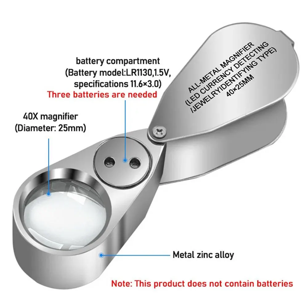 Magnifying glass 40X Jewelers Loupe Magnifier Metal Magnifying Glasses LED UV Illuminated Jewelry Loop Pocket Folding Magnifying Glass for Coins