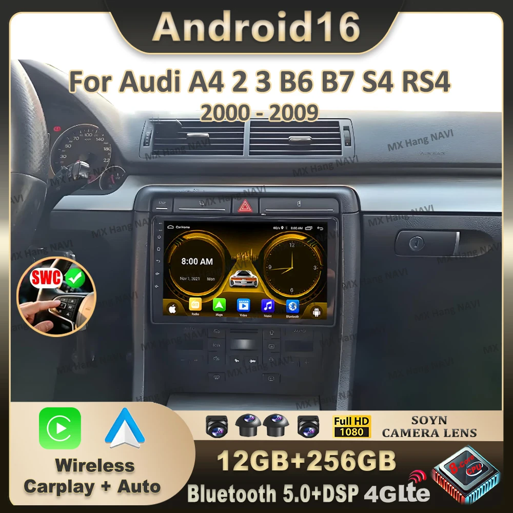 Android 16 para Audi A4 2 3 B6 B7 S4 RS4 2000-2009 Carplay Android Auto 2K pantalla Radio de coche Radio automática reproductor Multimedia estéreo 1