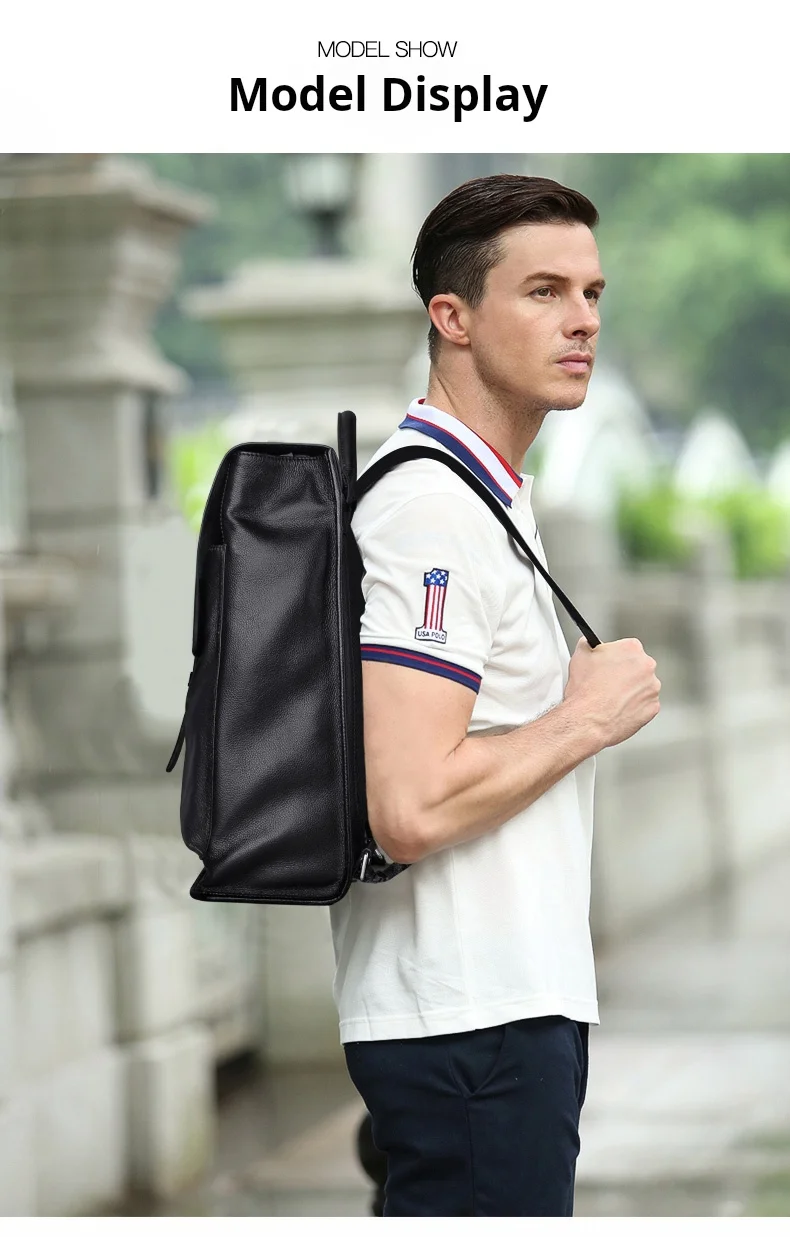 حقيبة ظهر عصرية من جلد البقر الطبيعي متعددة الاستخدامات للرجال، حقيبة أعمال أنيقة بحمالتين للكتف باللون الأسود