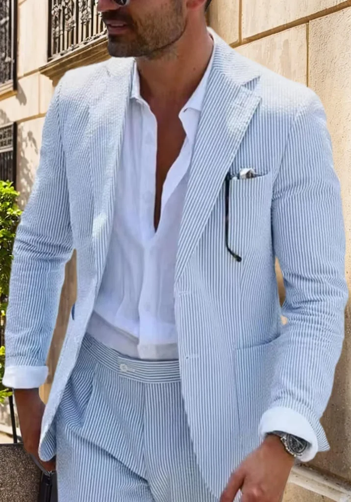 Stylish Seersucker Men's Suit Set 2 Piece Jacket and Pant Notched Lapel Summer Beach Tuxedo Evening Party Wedding Elegant Suit