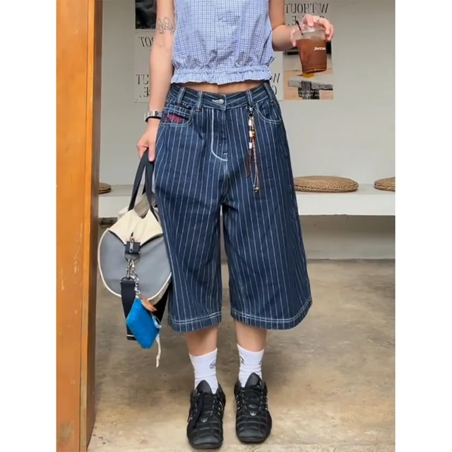 Jean Cargo bleu clair longueur mollet pour femmes, pantalon en Denim Baggy Harajuku Y2k, pantalon en Jean surdimensionné japonais des années 2000, vêtements Vintage 5