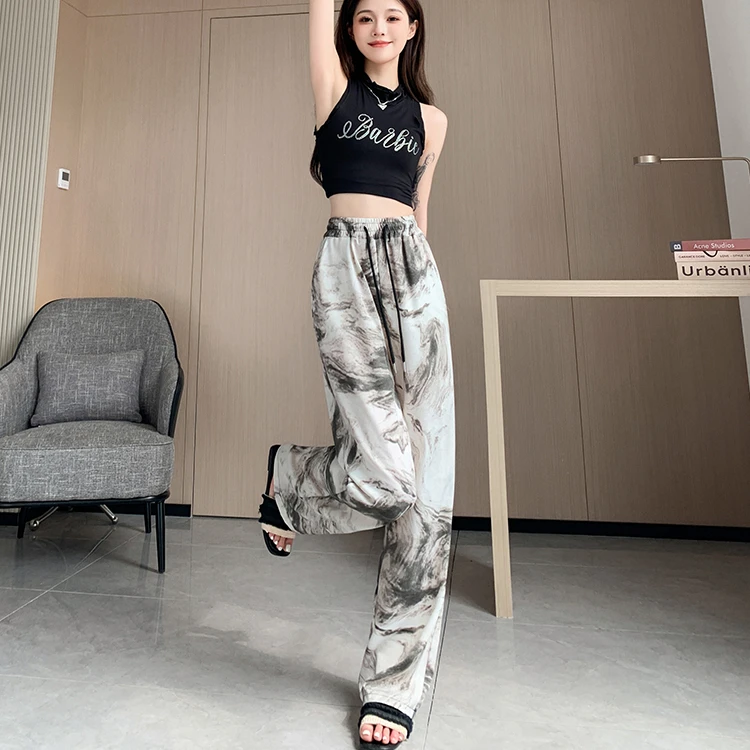 

2024 Summer Women Fashion Long Casual Loose Pants Female Chiffon Wide-leg Pants Female Print Tie-dyed Thin Trousers C135