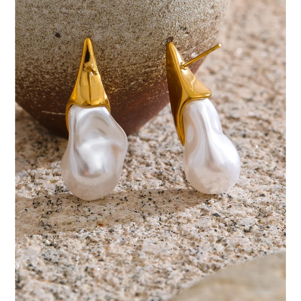 Yhpup Simulated Pearl Earrings 18K Gold Plated Stainless Steel