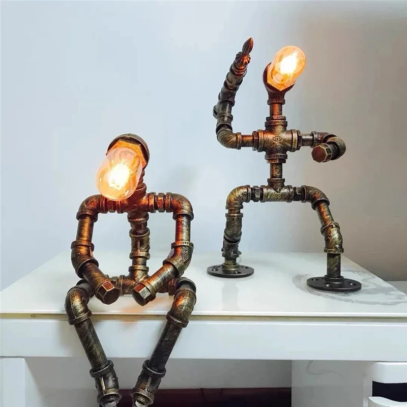 

Iron Robot LED Desk Lamps Water Pipe Art Tube LOFT Edison Industry Vintage Table Lights for Coffee Bar Bedroom Night Lighting