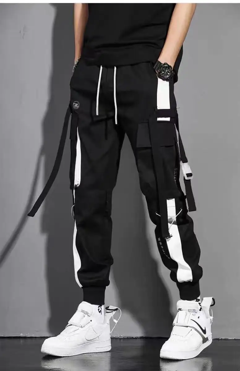 Classic Streetwear Casual Men Ribbons Harem Jogging Pants Male Slim Fit Spring Cargo Pants Multi-Pockets Women Trousers K94 2