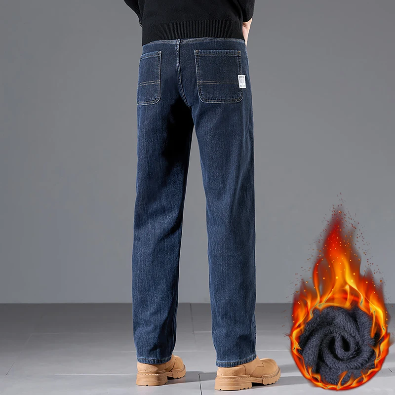 Winter Fleece Loose Jeans Men Classic Straight High Quality Thicken Warm Velvet Trousers Business Casual Brand Denim Pants 5