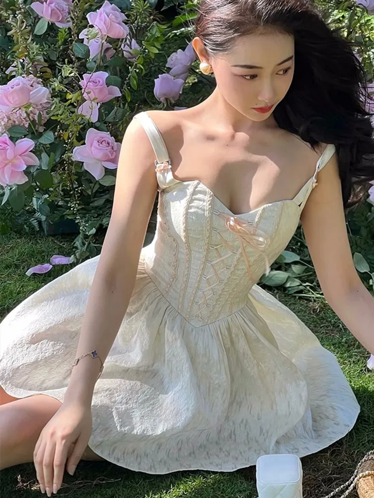 

AIGYPTOS Summer Mini Dress Women Lolita Jacquard SlingDress Sexy Backless y2k Strap Corset Suspender Dress Princess ballet dress