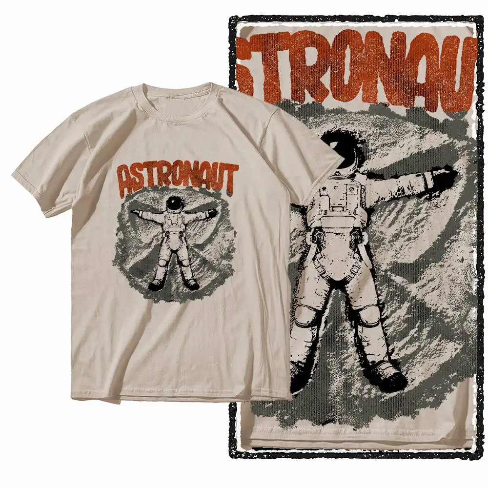 G37 Beige Big Size Herren-T-Shirt aus 100 % Baumwolle mit Weltraumdruck | Streetwear Cooles Vintage O-Ausschnitt Herren T-Shirt