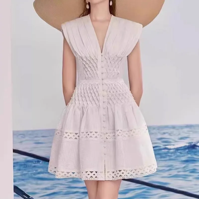 

Женское платье без рукавов, Белое Облегающее однобортное платье с жемчугом, Роскошное дизайнерское платье с V-образным вырезом, праздничная юбка в складку