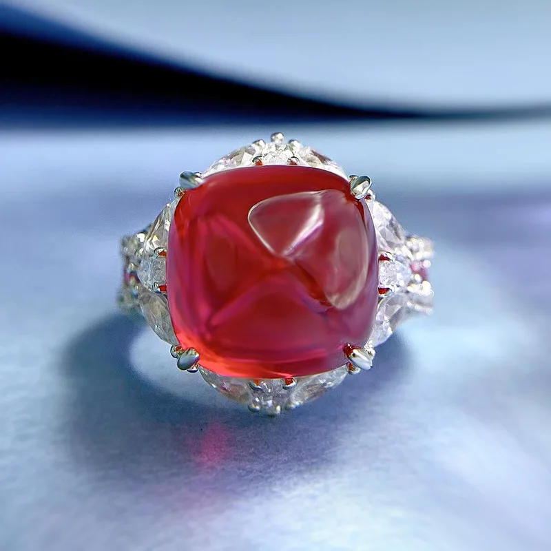 

Spring Qiaoer 2023 New S925 Silver Pigeon Blood Red 12*12mm Sugar Tower Ring Luxury Inlaid European and American Fashion Ring