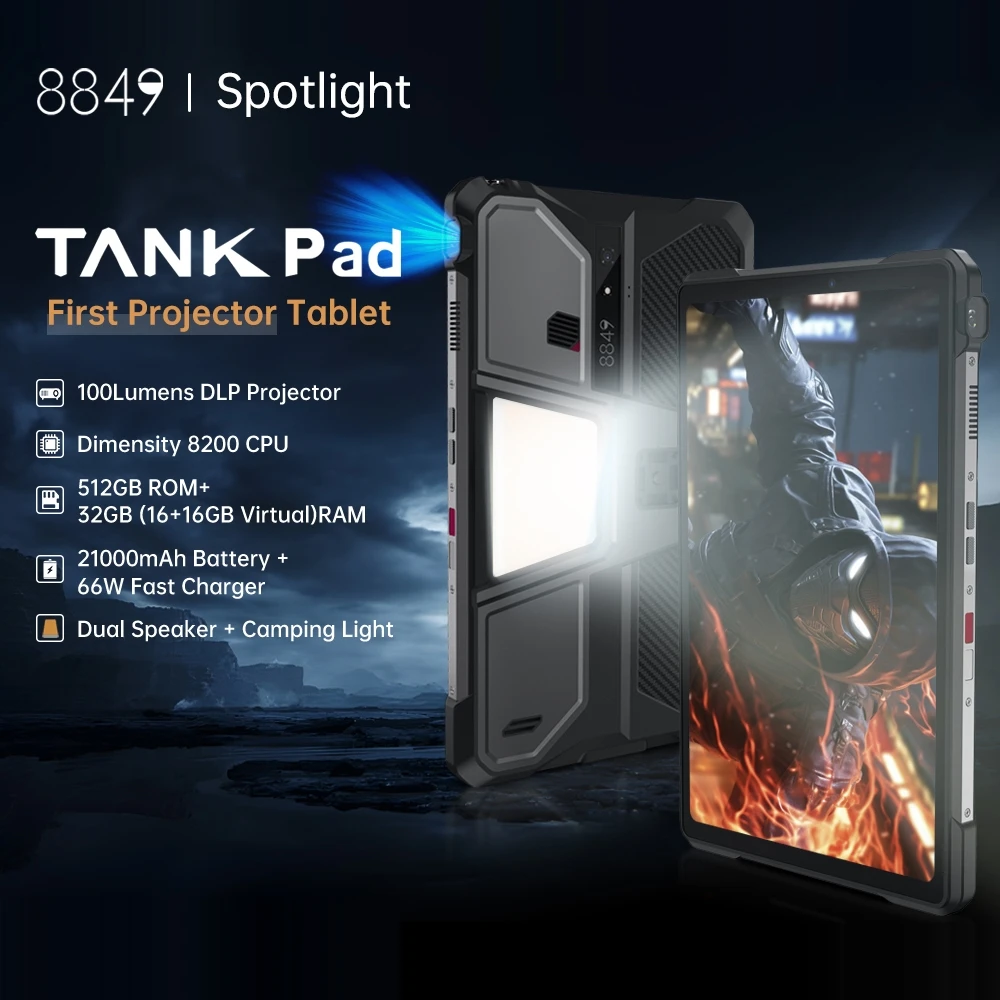 Unihertz Tank PAD 8849 Rugged Projector Tablet 32GB+512GB 21000mAh 10.95" FHD Android Dual Speaker Dimensity 8200 Tablet Phone