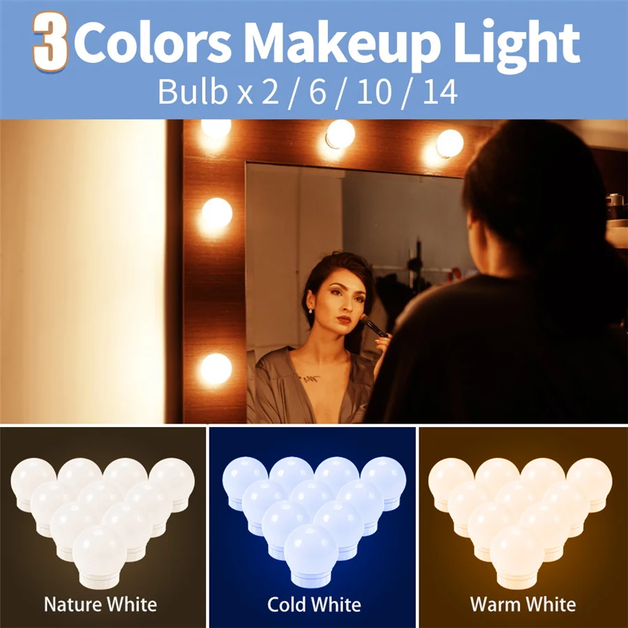 5V Led Vanity Lights 2/6/10/14 Bulbs Makeup Fill In The Light USB Touch Stepless Dimming Wall Lamp 3 Modes Makeup Mirror Light