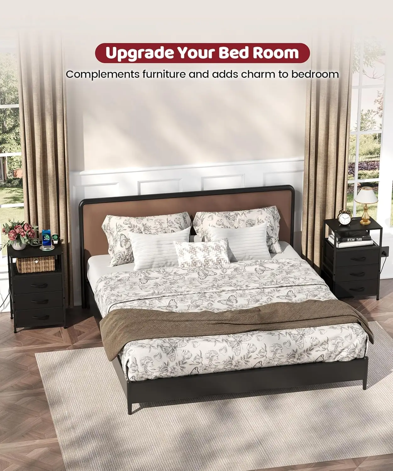 Modern LED Nightstand with Charging Station, Fabric Drawers, and Open Shelf for Bedroom in Black