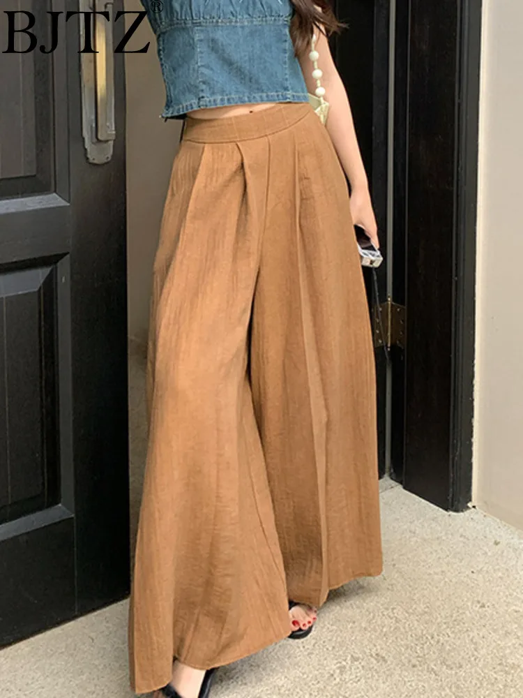 

BJTZ Leisure Loose High Waisted Pleated Wide Leg Pants For Women 2024 Spring Summer New Versatile Vintage Female Trousers HL740