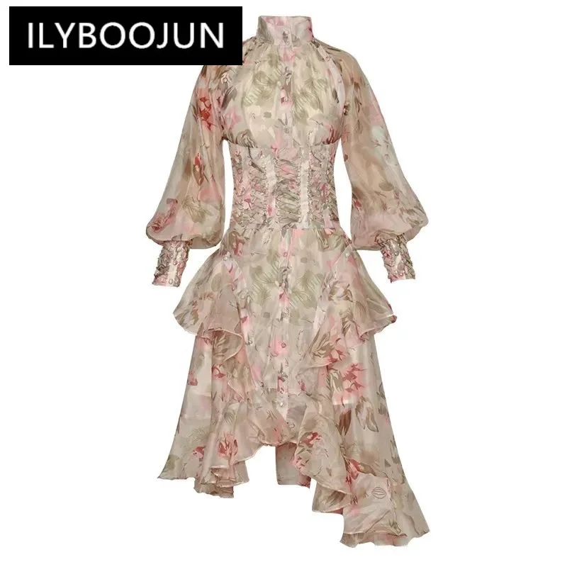 

ILYBOOJUN Fashion Designer Spring Women dress Standing collar Lantern Sleeve Single breasted Print Ruffles Asymmetrical Dresses