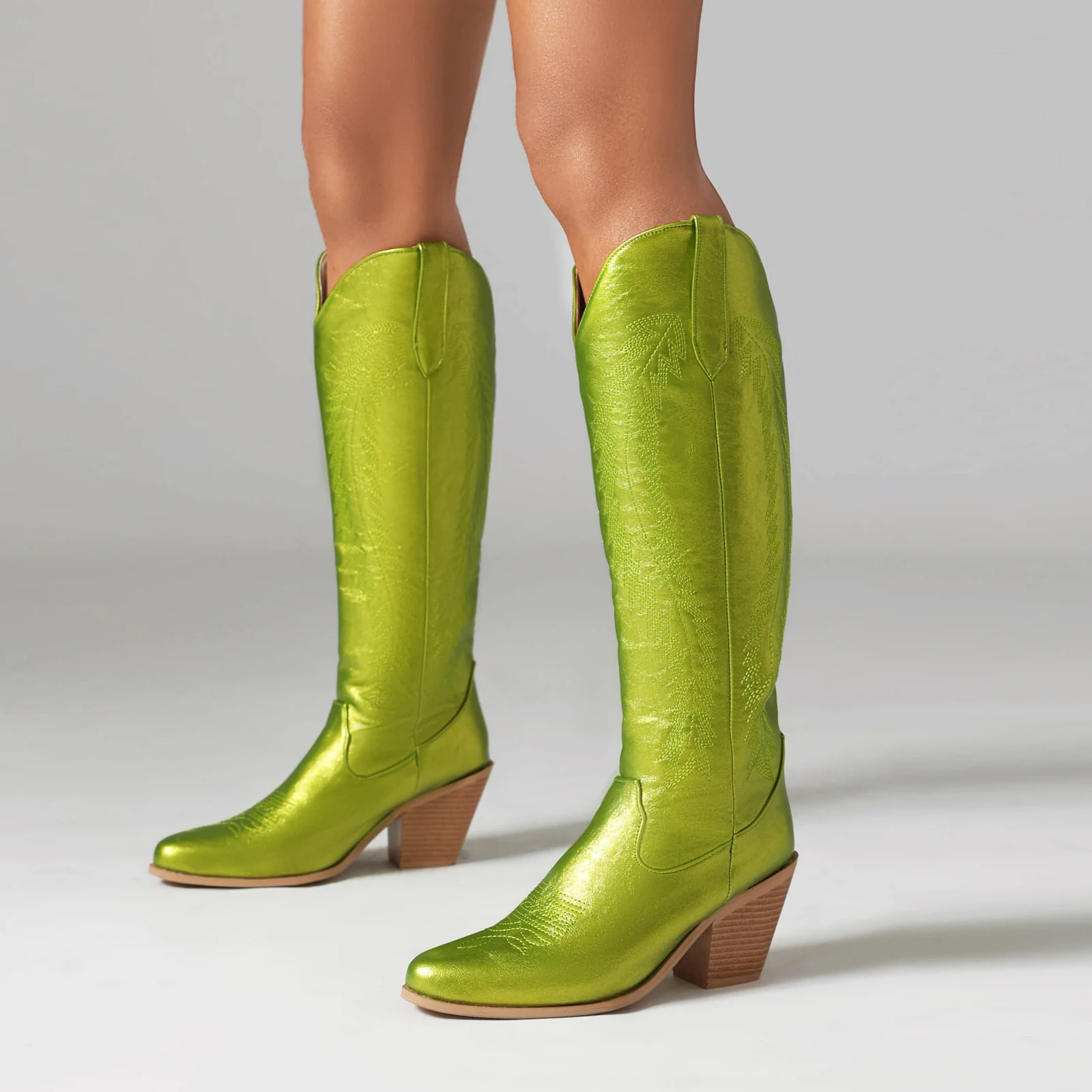 

Plus Size Knitted Stripe Embroidered Fashion Women's Knee Length Boots Wood Grain Tapered Thick Heel Pointed British Style Boots