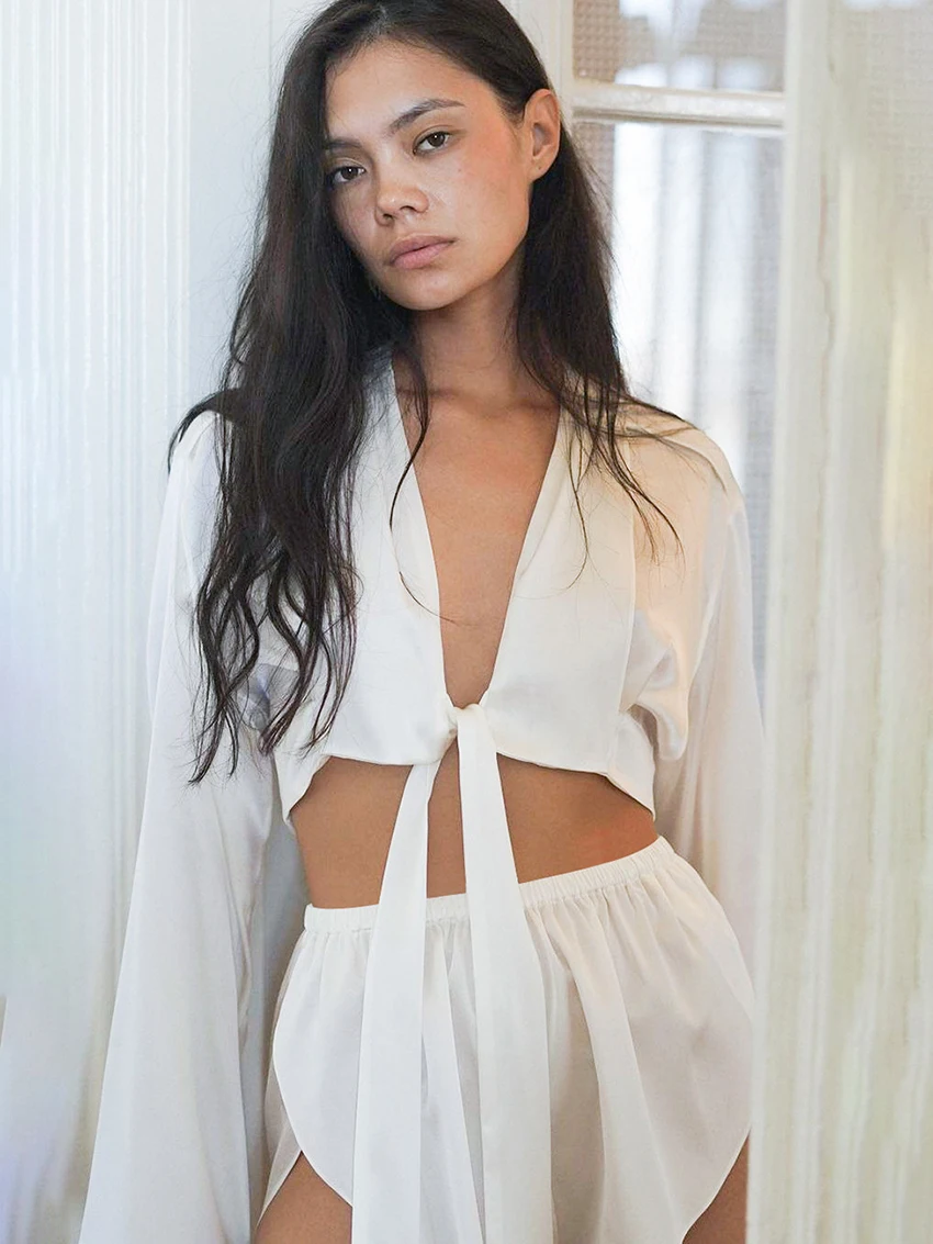 Mathqiqi Fashion Ladies Nightgowns Suit V-Neck Lace Up Sleepwear Long Sleeve Nightie Crop Top Pajamas Shorts Female Pyjamas Sets