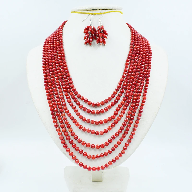 

7-row 4MM natural Precious coral necklace/earring set. European Women's Wedding Jewelry