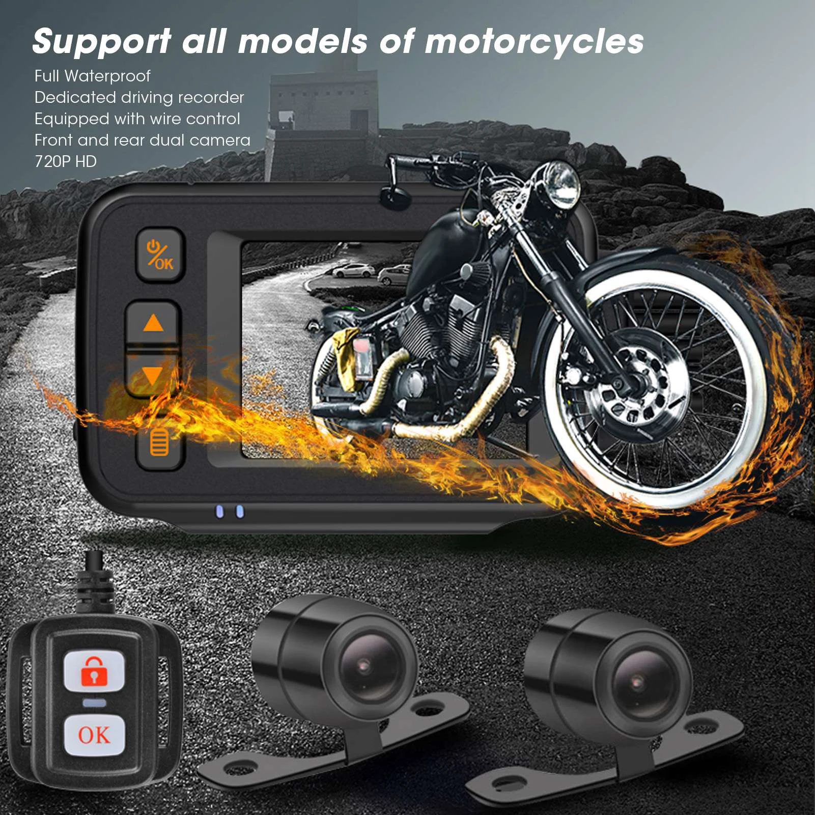Front View Cam Motorcycle DVR Motorcycle Driving Recorder 2in Display Front Rear Dual Camera 1080P+720P Waterproof Multifunction