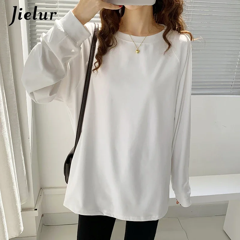 

Jielur Loose Long-sleeved White Tee Shirts Women Winter Solid Color Tops Female Casual Warm Bottoming Basic O-Neck T-shirt S-L