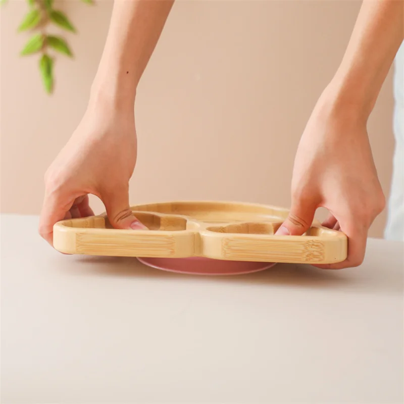 Baby Wooden Tableware Set Could Bamboo Wooden Plate Bowl Silicone Suction Wooden Handle Fork Spoon for Children Feeding Supplies 3