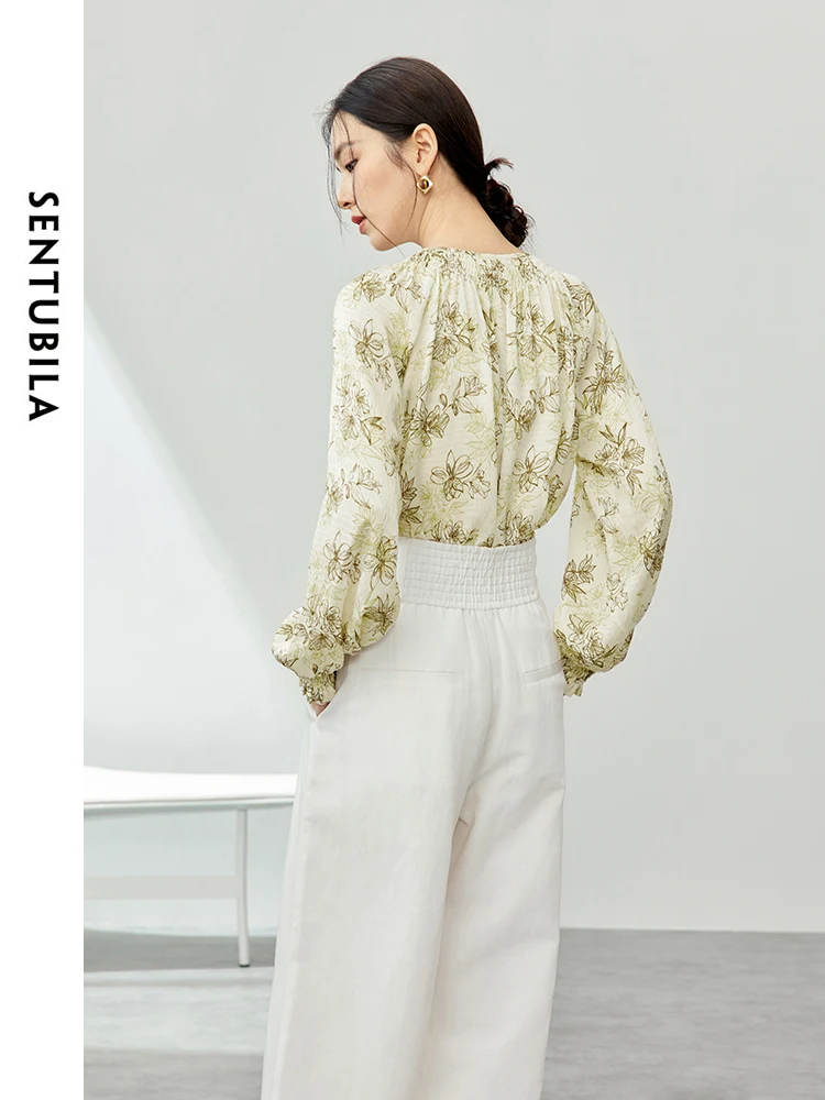 SENTUBILA Lace-up Round Neck Floral Shirt 2024 Spring Long Sleeve Top for Women Elegant Printed  Loose Shirt & Blouse 141V53626