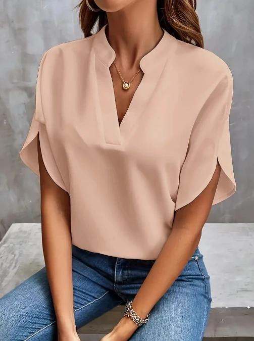 Casual Solid Color V-Neck Irregular Sleeve Design, Loose Fitting Shirt, New Top for Women's Summer Wear, Daily Commuting Wear