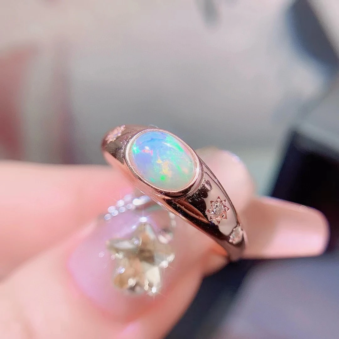 Solid 925 Silver Opal Ring for Daily Wear 5mm*7mm Natural Australia Opal Ring with 3 Layers 18K Gold Plating Keep Shining