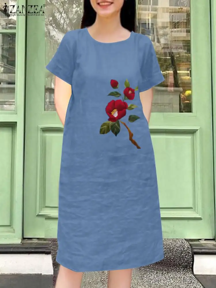 

2024 Summer Sundress ZANZEA Women Short Sleeve Baggy Dress Vintage Floral Vestidos Casual Beach Knee-length Robe Sarafans Kaftan