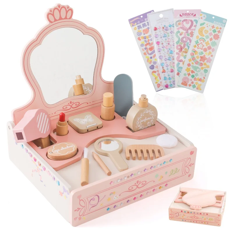 女の子のためのプリンセスメイクアップおもちゃセット小さな美容院木製テーブルピンクの鏡おもちゃのドレス化粧キットギフトボックスノベルティ