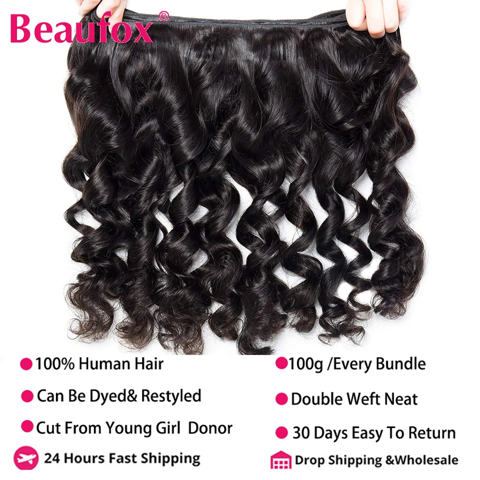 Beaufox Indian Human Hair Weave Bundles 3 Bundles Deal Loose Wave Natural /Jet Black Color Remy Wavy Hair Extensions