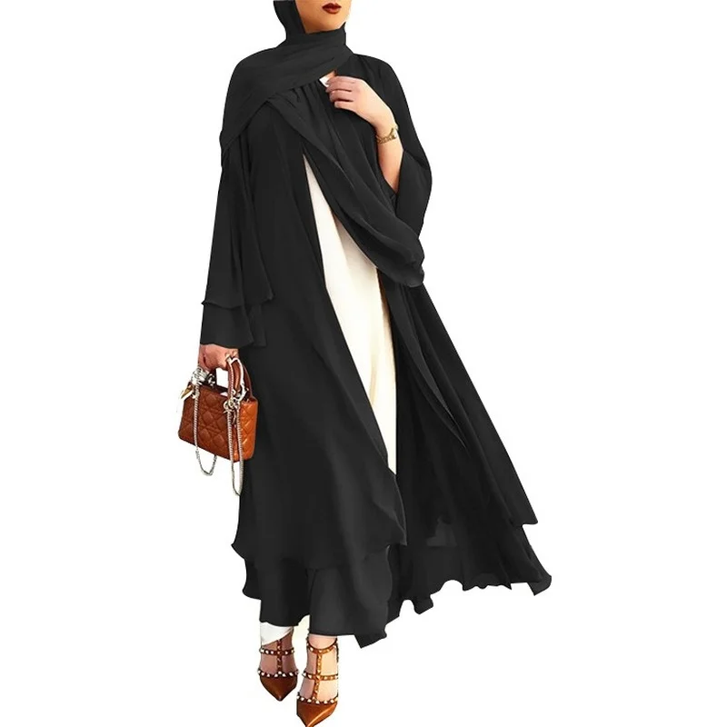 Women's Muslim Chiffon Robe, Soft Cardigan, Elegant, Large Size, Islamic Dress, Monochromatic, European and American, 2023