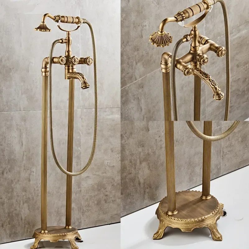 Bathroom Bathtub Faucets Floor Stand Telephone Shower Faucets Double Hands Brass Antique Bronze Bathroom Shower Faucet Set 3