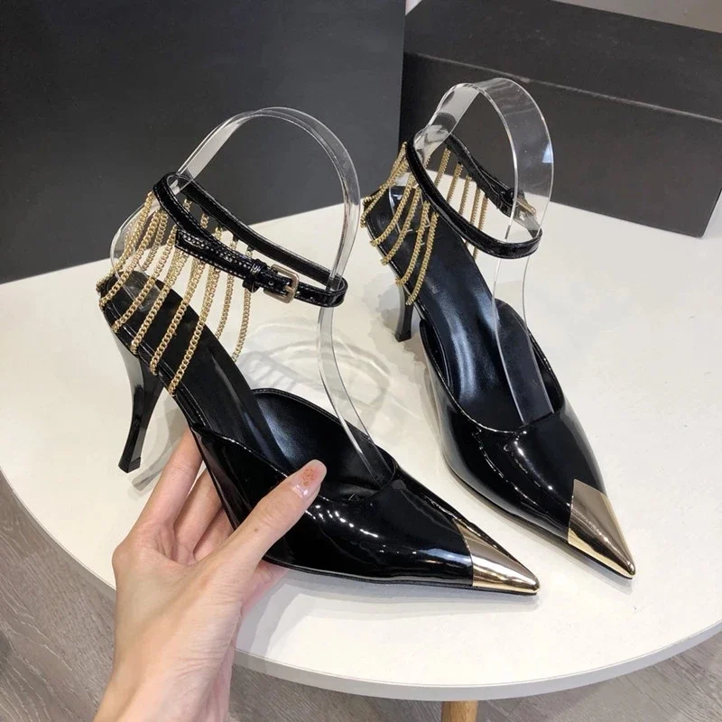 

stiletto heels chain-embellished ankle straps Vesper slingback High Heels Metal Pointed Toe Women Sling chain-trimmed suede pump