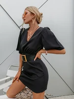 Luxury black short sleeve summer women dress Sexy V-neck solid High Street dress Elegant ladies mini