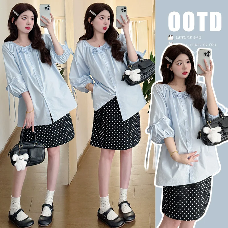Pregnant Women's Heavy-Duty Handmade Flower Sweet Top + Polka Dot Skirt Suit for Women