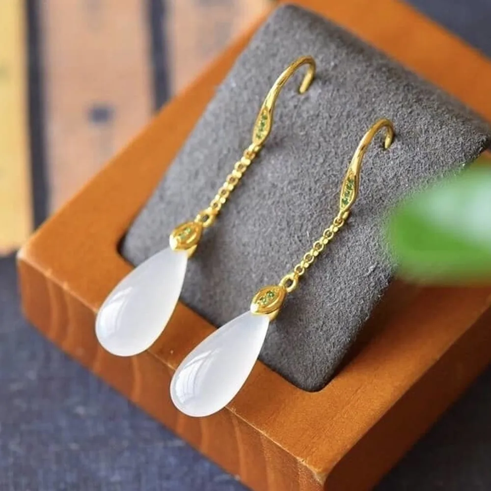 Beautiful 925 Silver With Natural White Jade Earrings Exquisite Fashionable Jewelry Fine Holiday Gift Accessories