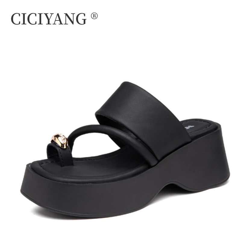 CICIYANG 7cm Platform Slippers Women Summer 2024 New Wedge Sandals Ladies Beach Flip-flops High-heels Open-toed Shoes Handmade
