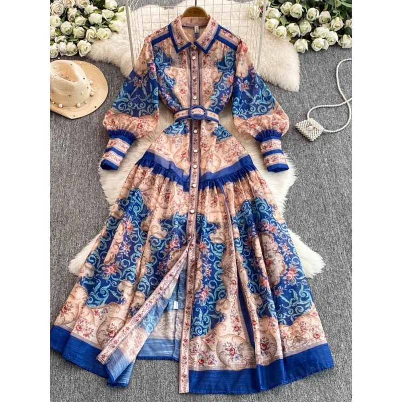 Vintage European Court Floral Print Dress for Women with Bell Sleeves and  Slimming Single Button Design - AliExpress 200000345