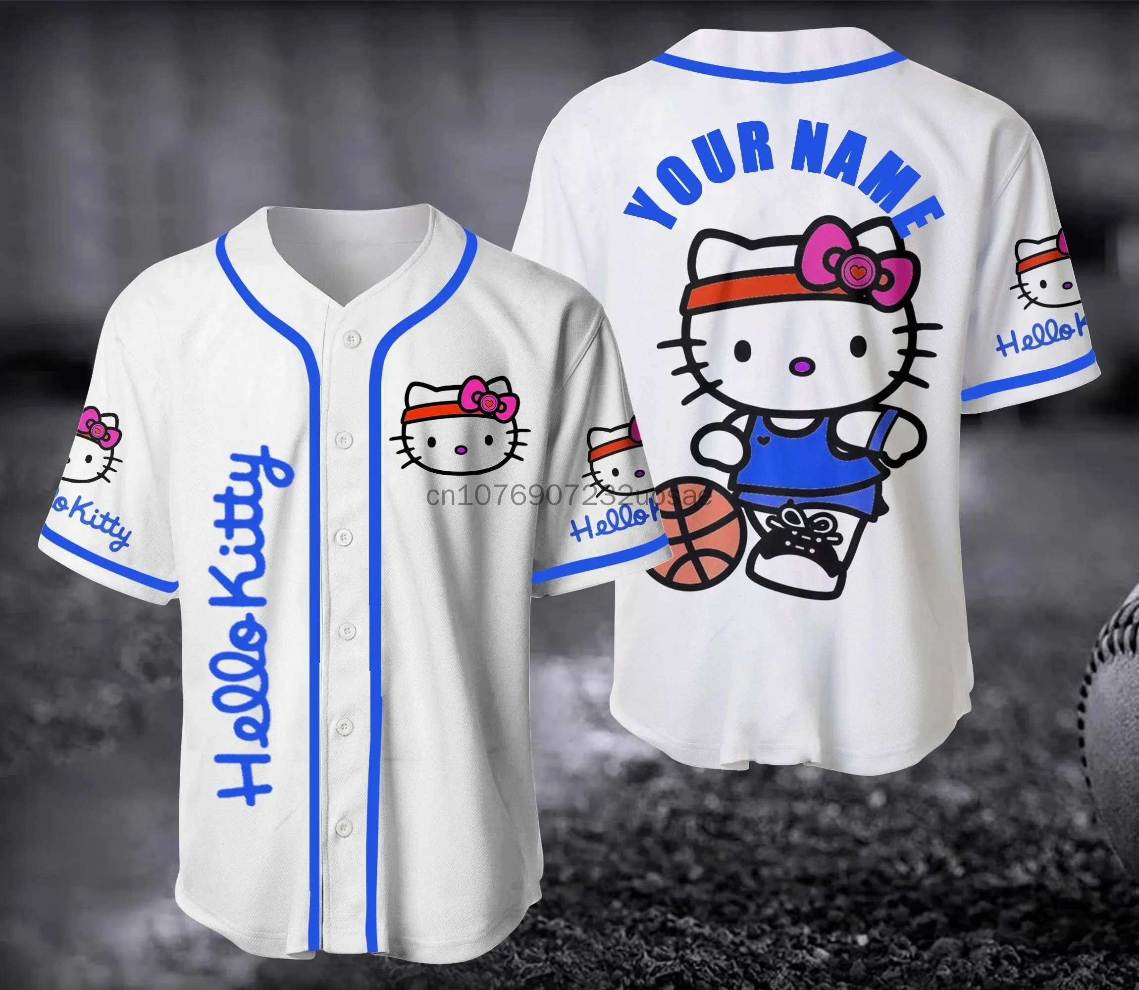 

2024 Hello Kitty Baseball Lovely Personalized Cartoon Print Baseball Jersey Shirts Outdoor Sports Casual Men Women Kids Tops