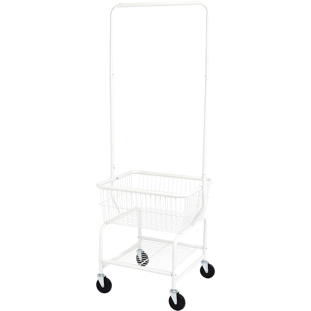 

Basics Rectangular Laundry Hamper Basket Butler Cart with Wheels and Hanging Rack, White