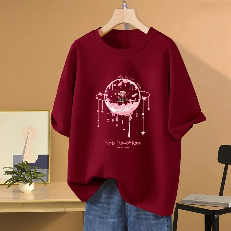 

Women's Letter Printed Casual Tee Shirt Summer Simple Loose O-neck Short Sleeve Pure Cotton Top Tee Lady Basics Pullover M-6xl