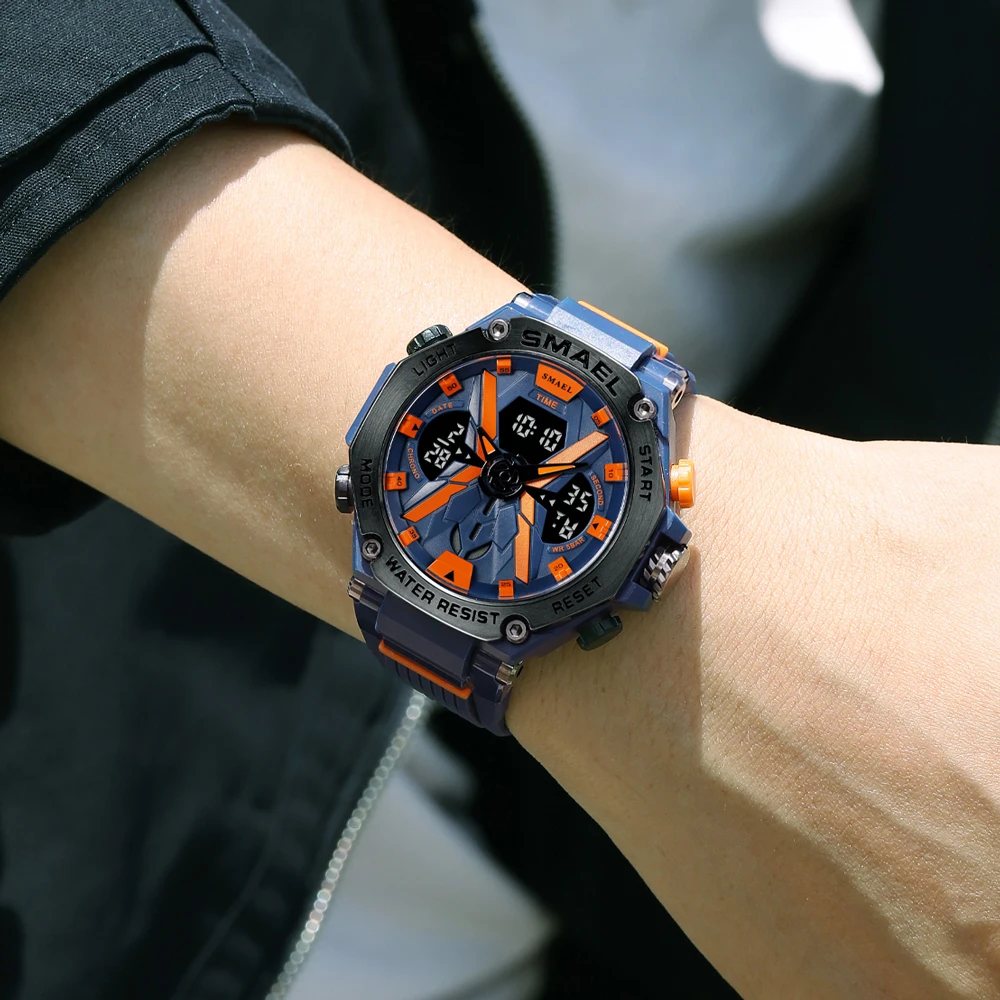 Smael Sport Watches Male Clock Digital Led Display Quartz Analog Stopwatch Fashion Blue Orange Clock Waterproof Men Watch, Alina Gadgets