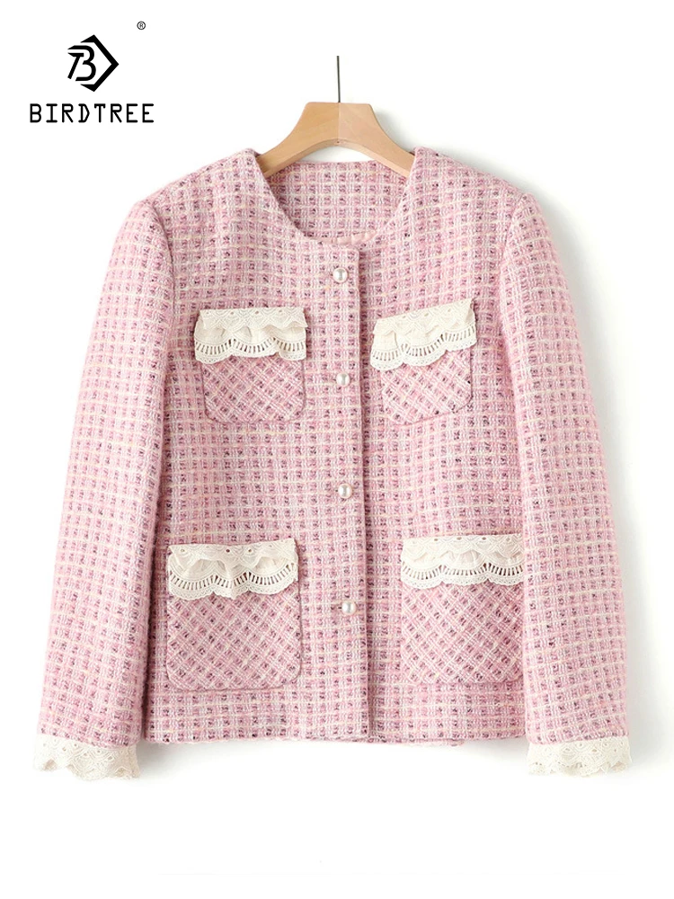 

Birdtree 100% Wool Coarse Tweed Small Fragrant Coat Lace Spliced Round Neck Long Sleeve Office Lady Versatile Tops New C39809QC