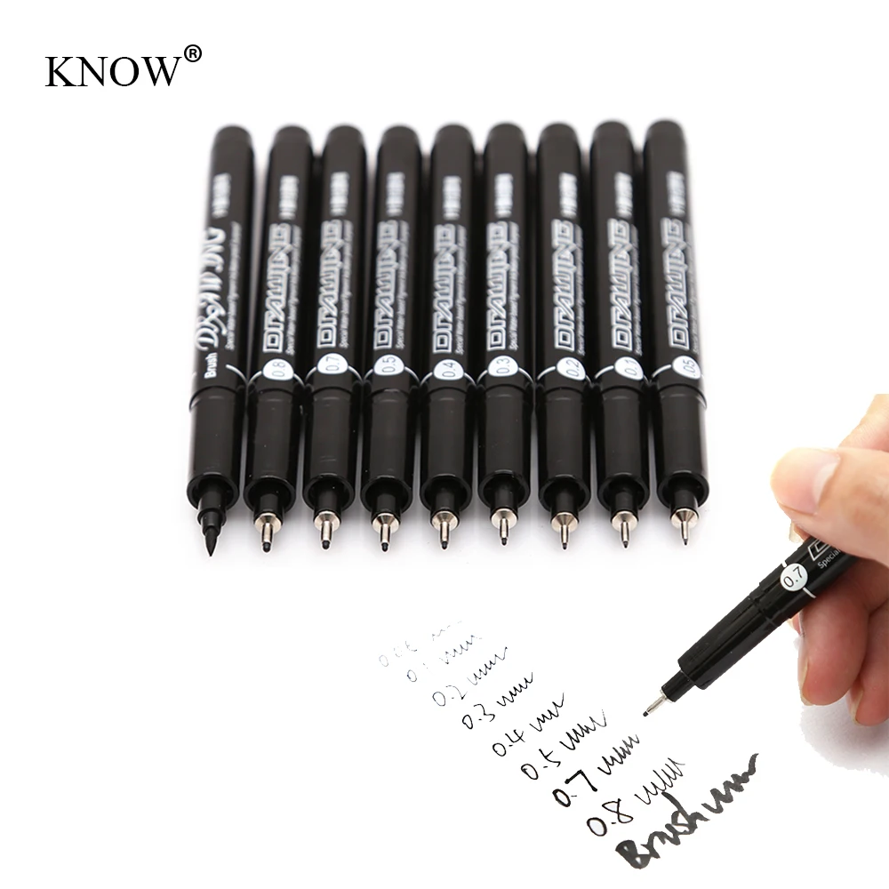 9Pcs/Set Black Art Marker Pen Drawing Pen Waterproof Pigment Fine Line Sketch markers For Writing Hand-Paint anime figure design waterproof pigment ink fadeless pen color ink color painting gouache hook line 18ml