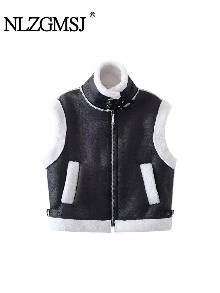 

Nlzgmsj TRAF 2023 Winter Lamb Wool Women Warm Thickened Oversized Vest Sleeveless Loose Jacket Women's Short Top Vest