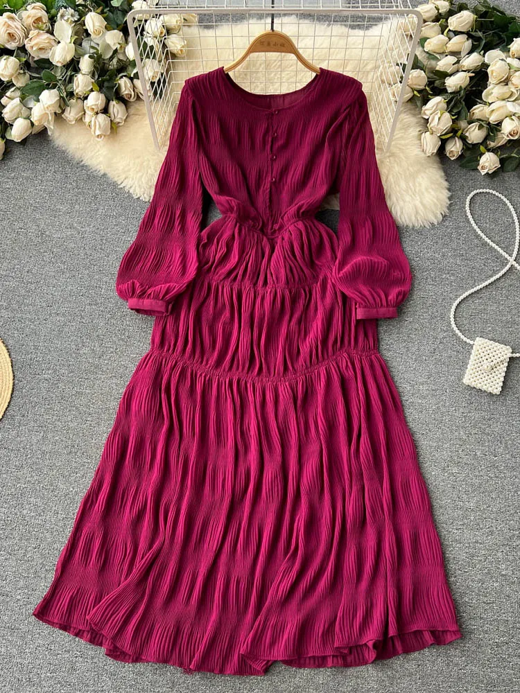 

Women Spring Dress New Pressed Pleated Solid Color Waistband Slimming Chiffon A-line Large Hem Loose Knee Length Dress D3392